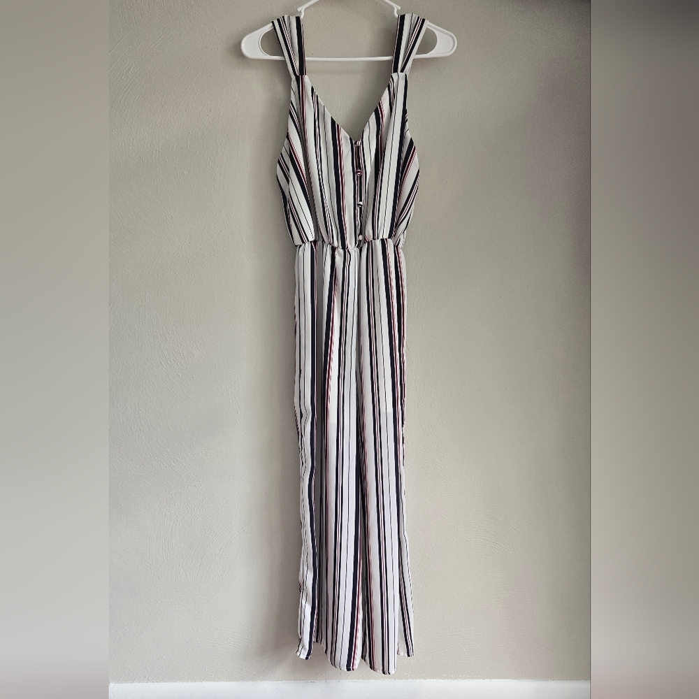 Sienna Sky, Size M, Used, White Dark Blue And Red Striped V-Neck Romper